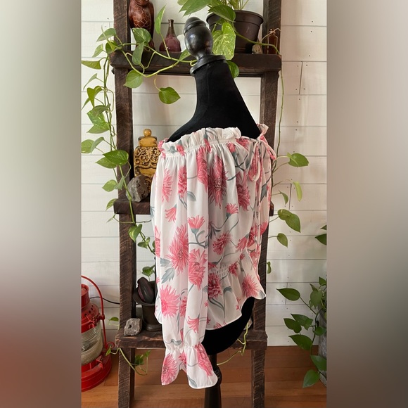 Peasant White and Pink Floral  On or Off The Shoulder Blouse - Picture 8 of 17